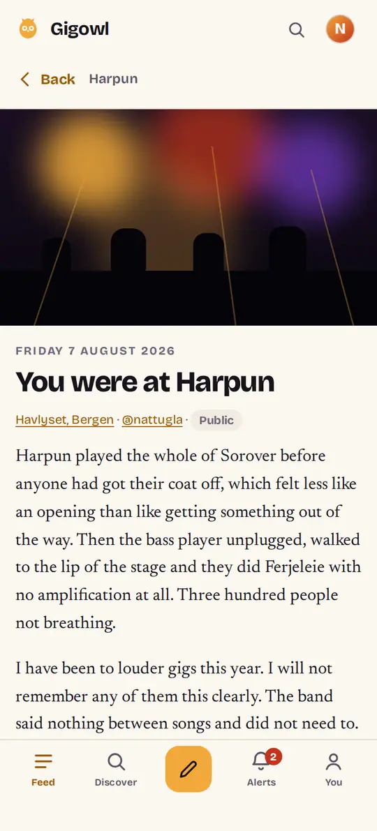 A phone showing one person's write-up of a gig. A photograph of the stage, the
date, the heading You were at Harpun, the venue and the writer's handle marked
Public, then two paragraphs about what the band played and how the room went
quiet.